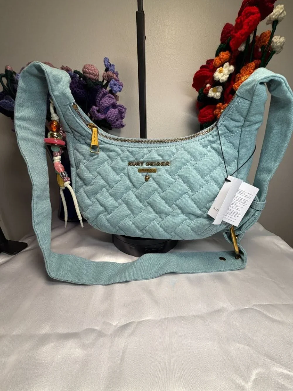 Kurt Geiger Quilted Shoulder Bag With Beaded Charm Strap & Adjustable Gold Hardw